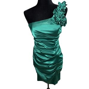 Y2K Betsy & Adam Dress‎ 6 Green Satin One Shoulder Prom Cocktail Bodycon Party